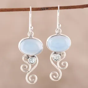 Oval Tendrils Chalcedony and Blue Topaz Dangle Earrings from India
