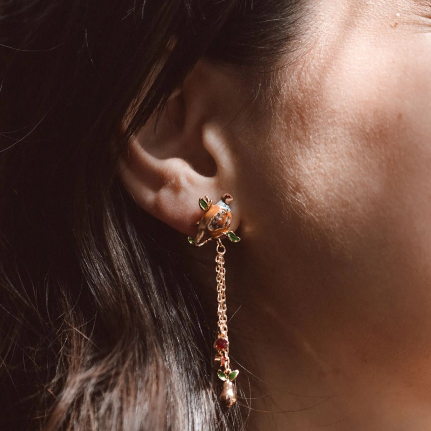 Partridge and Pear Long Drop Earrings