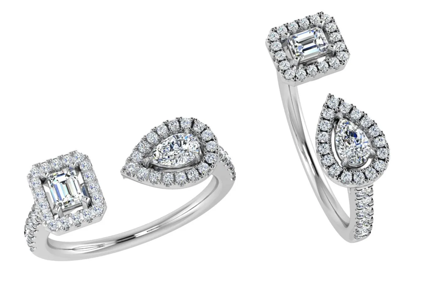 Pear and Emerald Cut Halo Diamond Open Ring