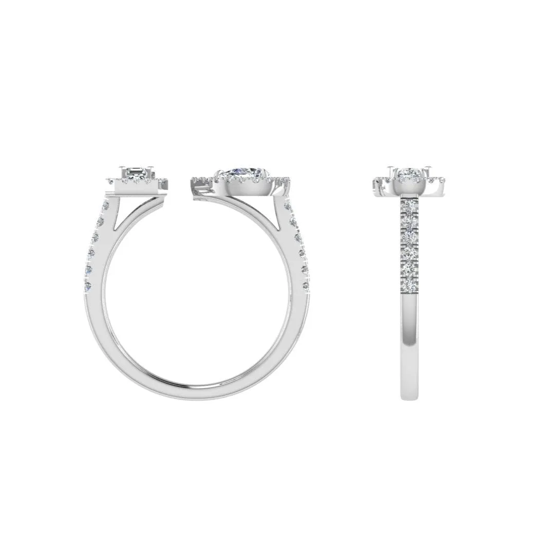Pear and Emerald Cut Halo Diamond Open Ring