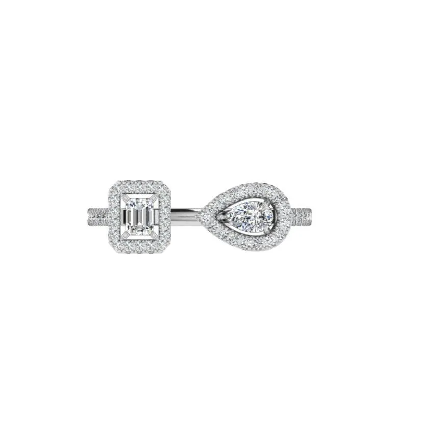Pear and Emerald Cut Halo Diamond Open Ring