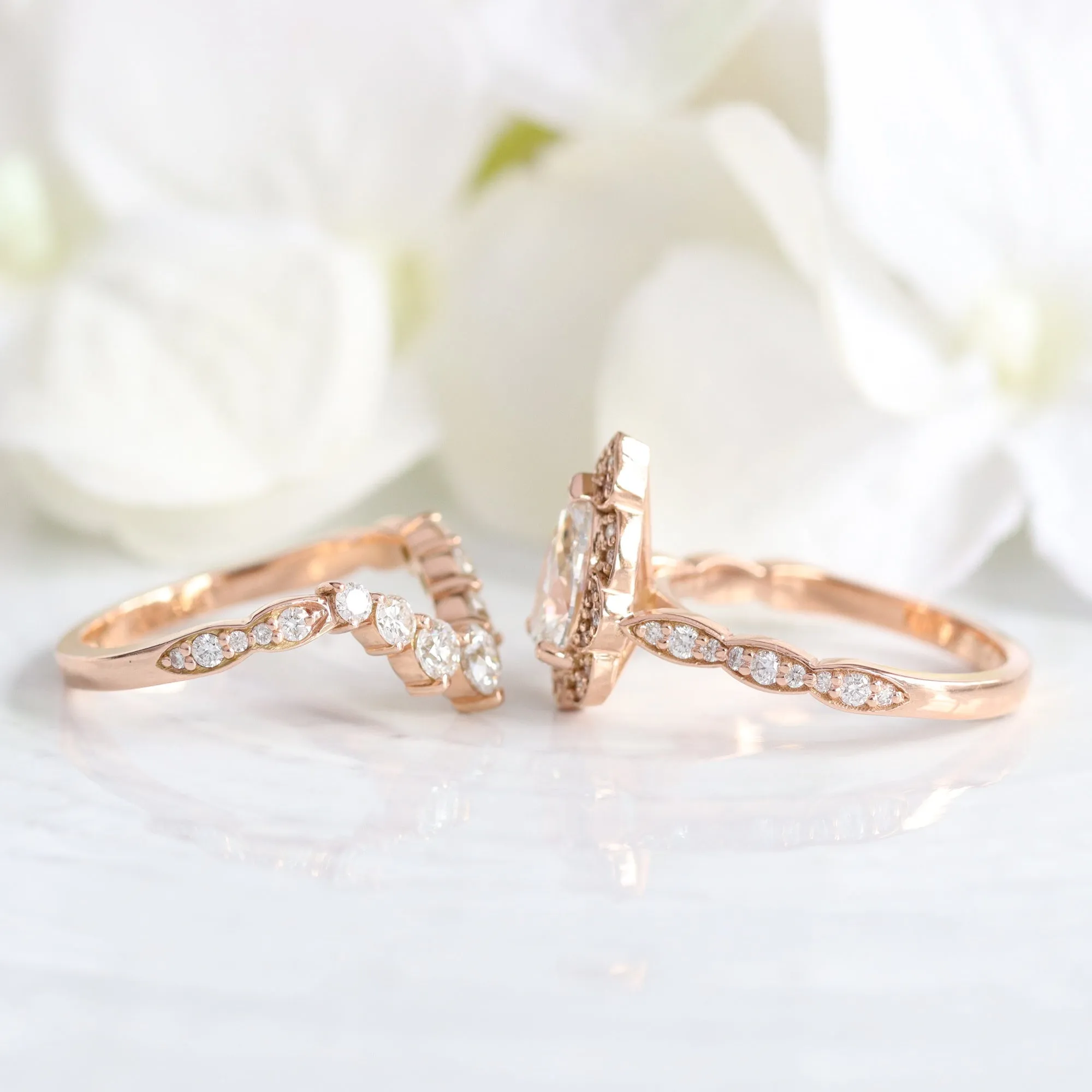 Pear Diamond Vintage Floral Ring Set w/ Lab Diamond and Large 7 Stone Wedding Band