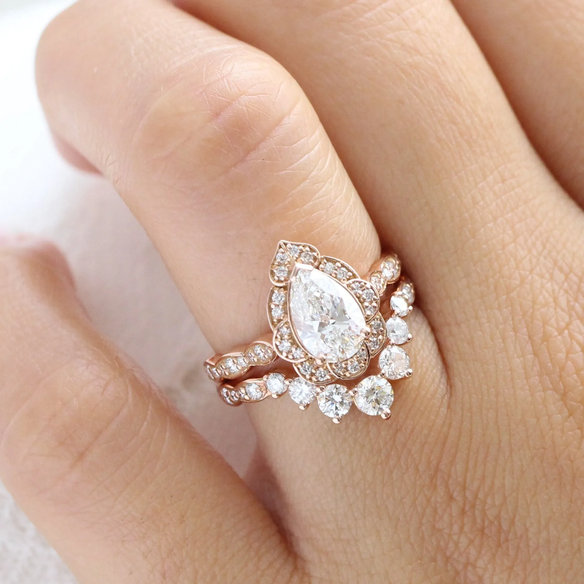 Pear Diamond Vintage Floral Ring Set w/ Lab Diamond and Large 7 Stone Wedding Band