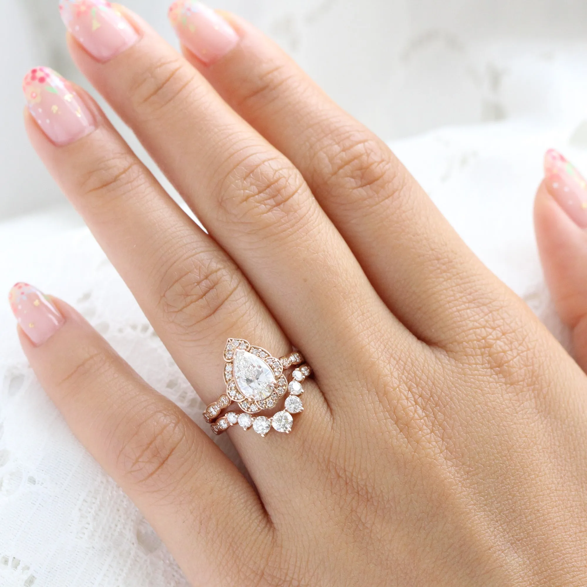 Pear Diamond Vintage Floral Ring Set w/ Lab Diamond and Large 7 Stone Wedding Band