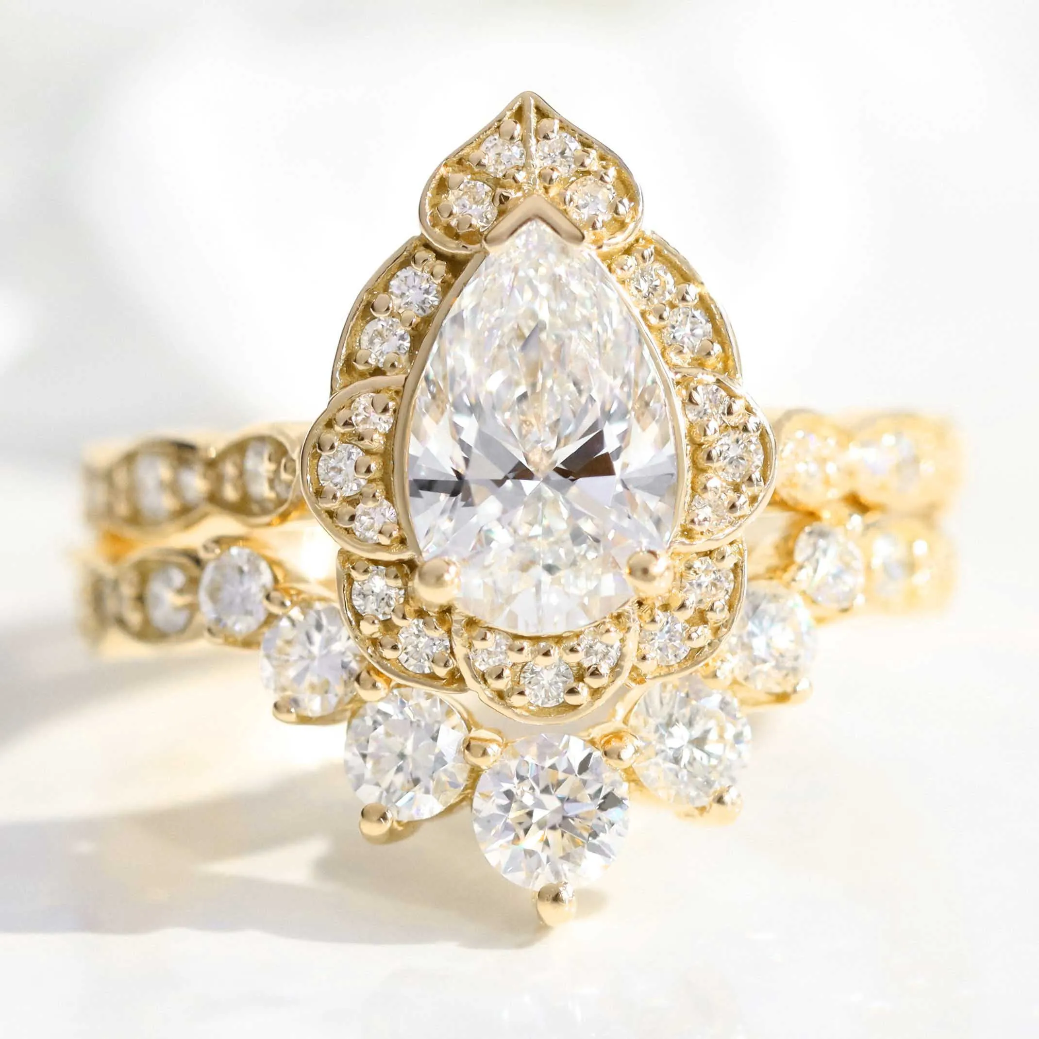 Pear Diamond Vintage Floral Ring Set w/ Lab Diamond and Large 7 Stone Wedding Band