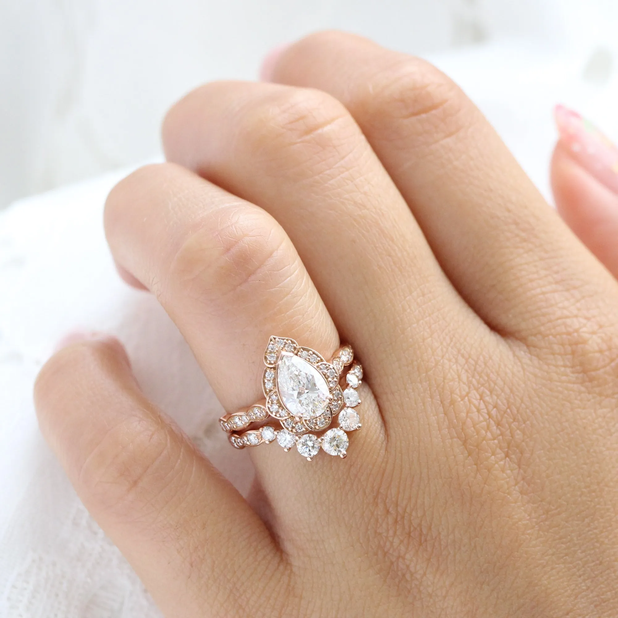 Pear Diamond Vintage Floral Ring Set w/ Lab Diamond and Large 7 Stone Wedding Band