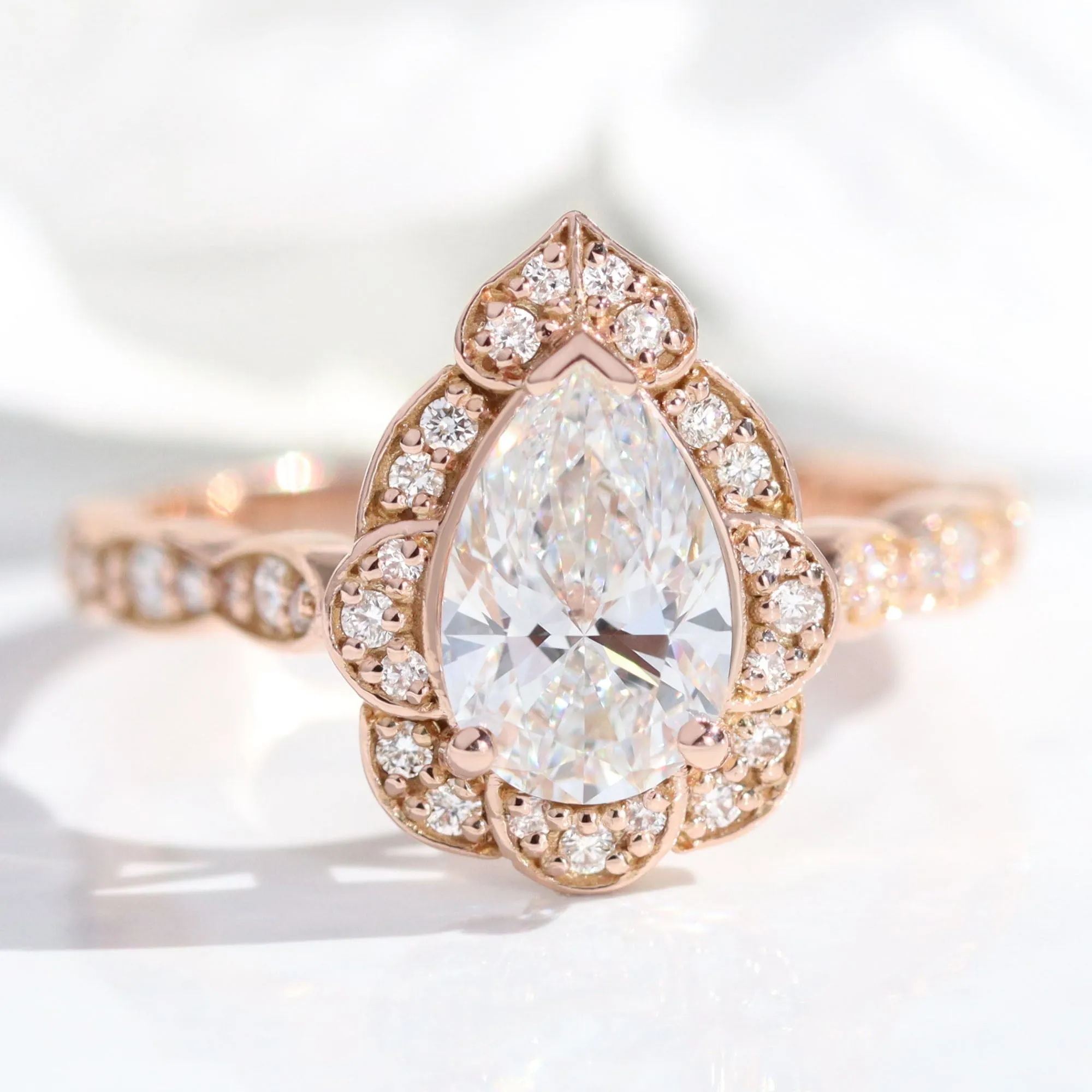 Pear Diamond Vintage Floral Ring Set w/ Lab Diamond and Large 7 Stone Wedding Band