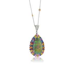 Pear Shaped Opal Cabochon with Sapphire Halo Pendant with Chain