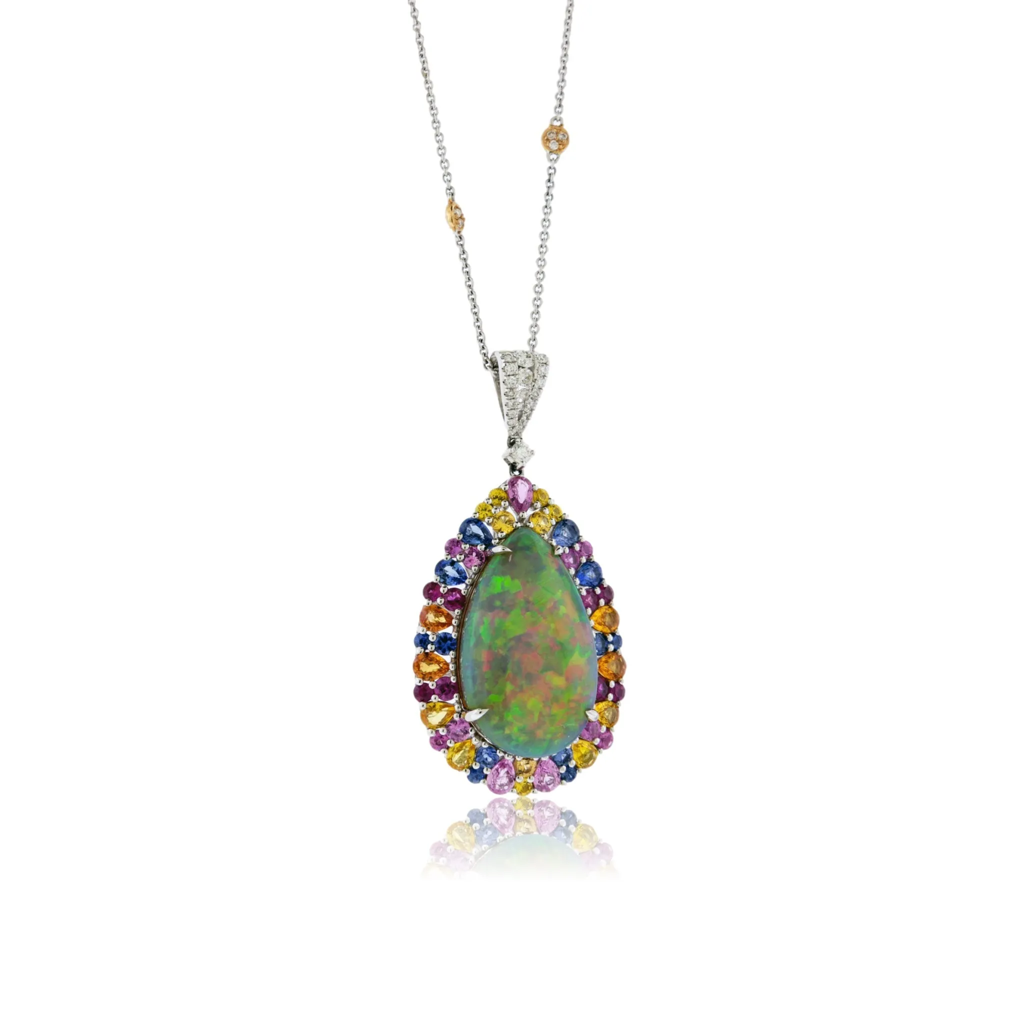 Pear Shaped Opal Cabochon with Sapphire Halo Pendant with Chain
