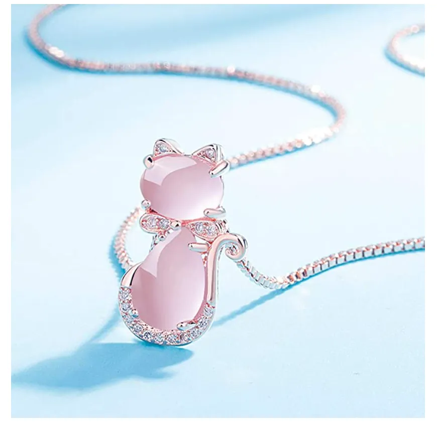Pink Cat Necklace Simulated Diamond Love Cat Pendant Jewelry Kitty Chain Birthday Gift 925 Sterling Silver Rose Gold 18in.