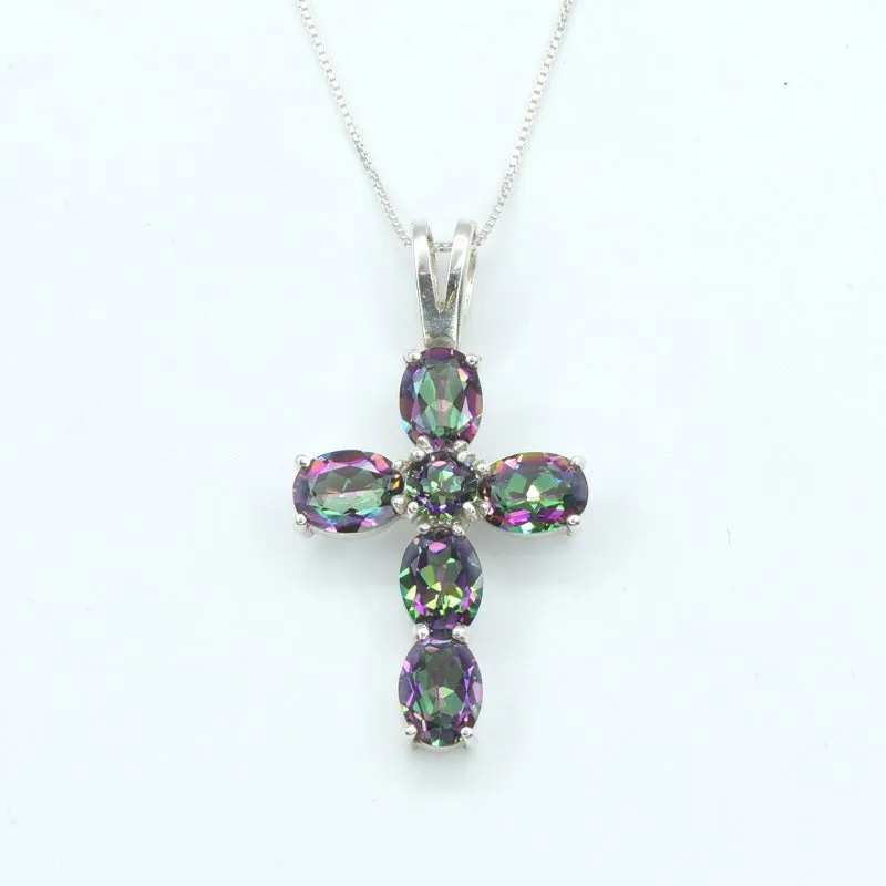 Purple Cross Necklace - Genuine Mystic Topaz Pendant - Statement Cross Necklace