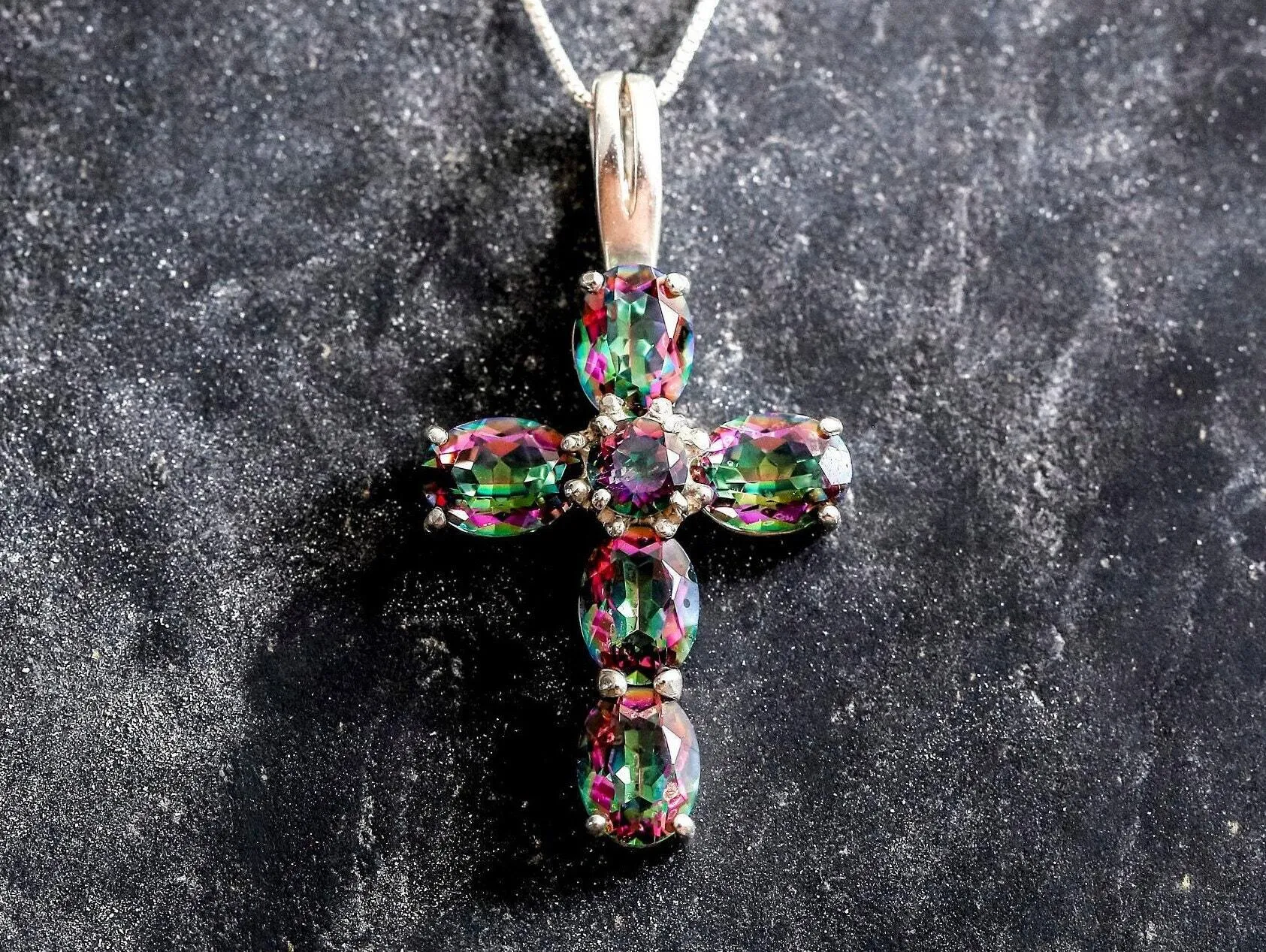 Purple Cross Necklace - Genuine Mystic Topaz Pendant - Statement Cross Necklace