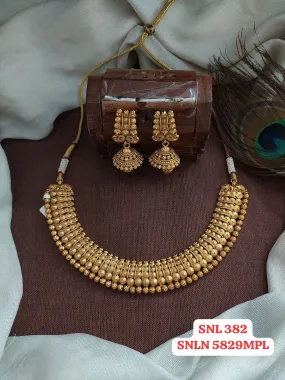 "Antique Plain Gold Necklace Set with Matching Earrings"