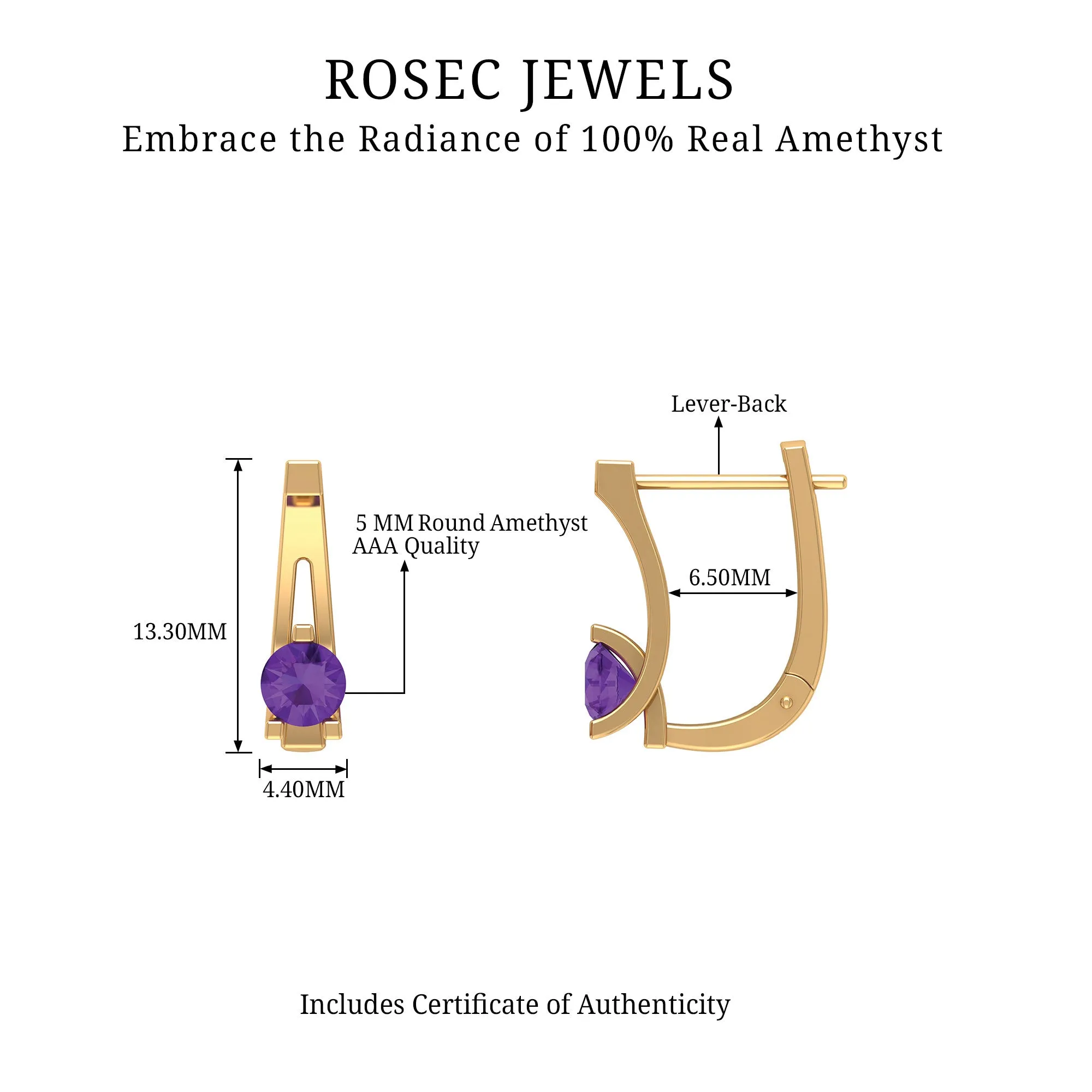 Real Amethyst Solitaire Lever Back Earrings