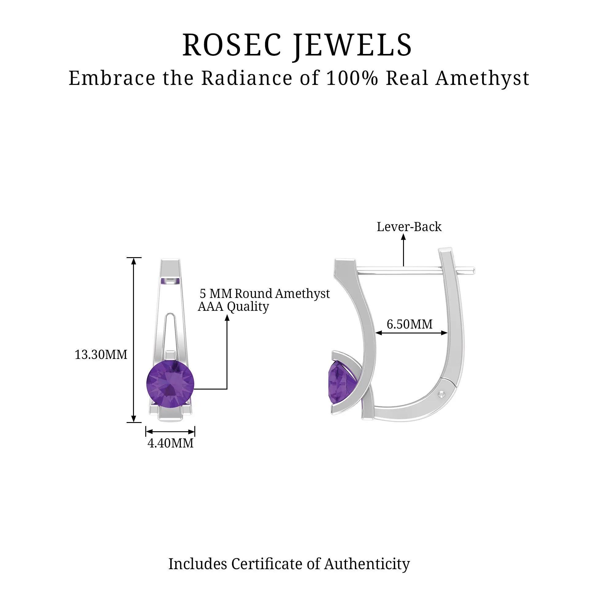 Real Amethyst Solitaire Lever Back Earrings