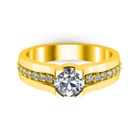 RKC Round Moissanite Engagement Ring 925 Silver 14K Yellow Gold Plated Ring For Women's Wt 3.2 gm Width 3.20 MM