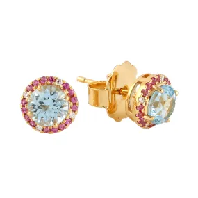 Round Blue Topaz Pink Sapphire Pave Diamond Stud Earrings In 18k Yellow Gold
