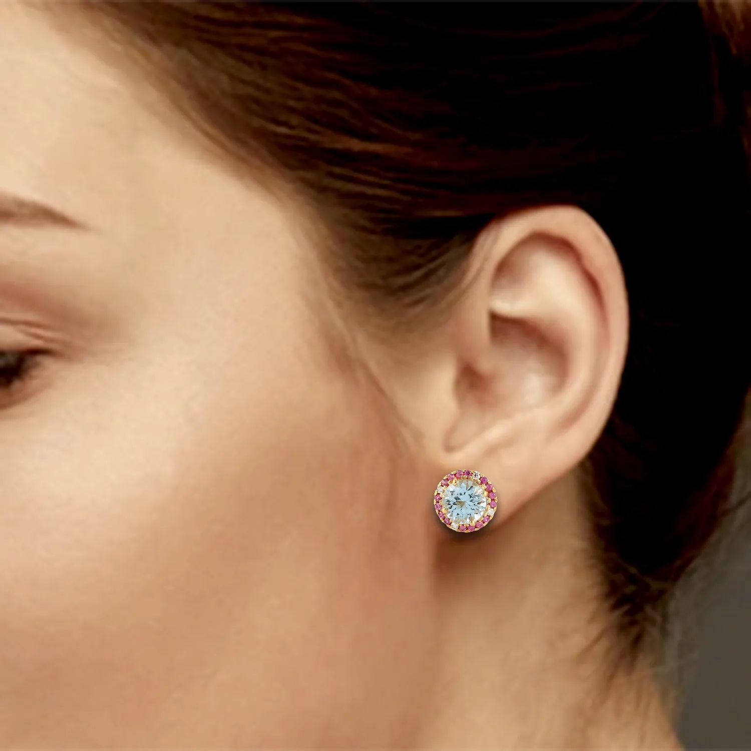 Round Blue Topaz Pink Sapphire Pave Diamond Stud Earrings In 18k Yellow Gold