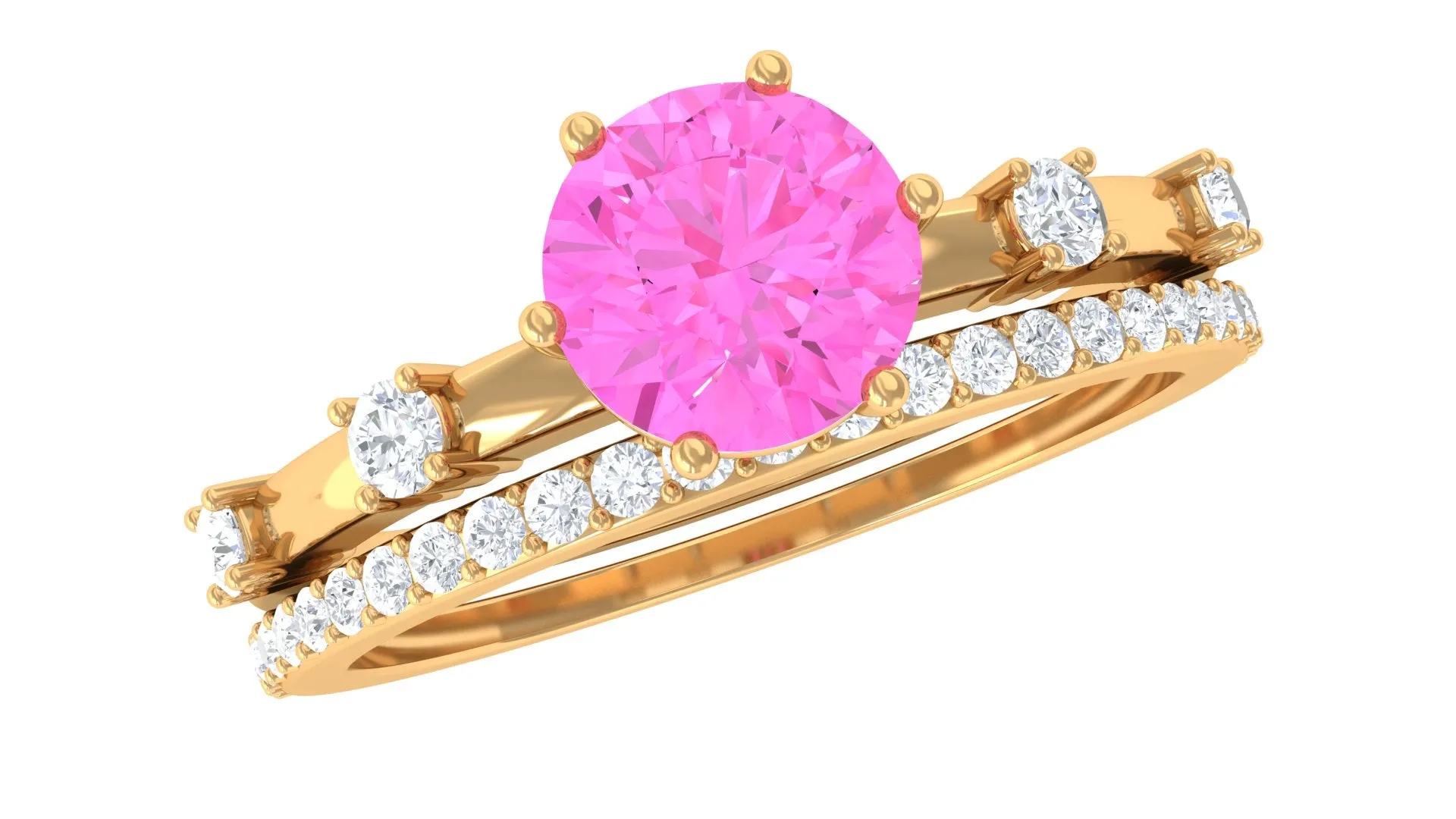 Round Pink Sapphire and Diamond Simple Ring Set