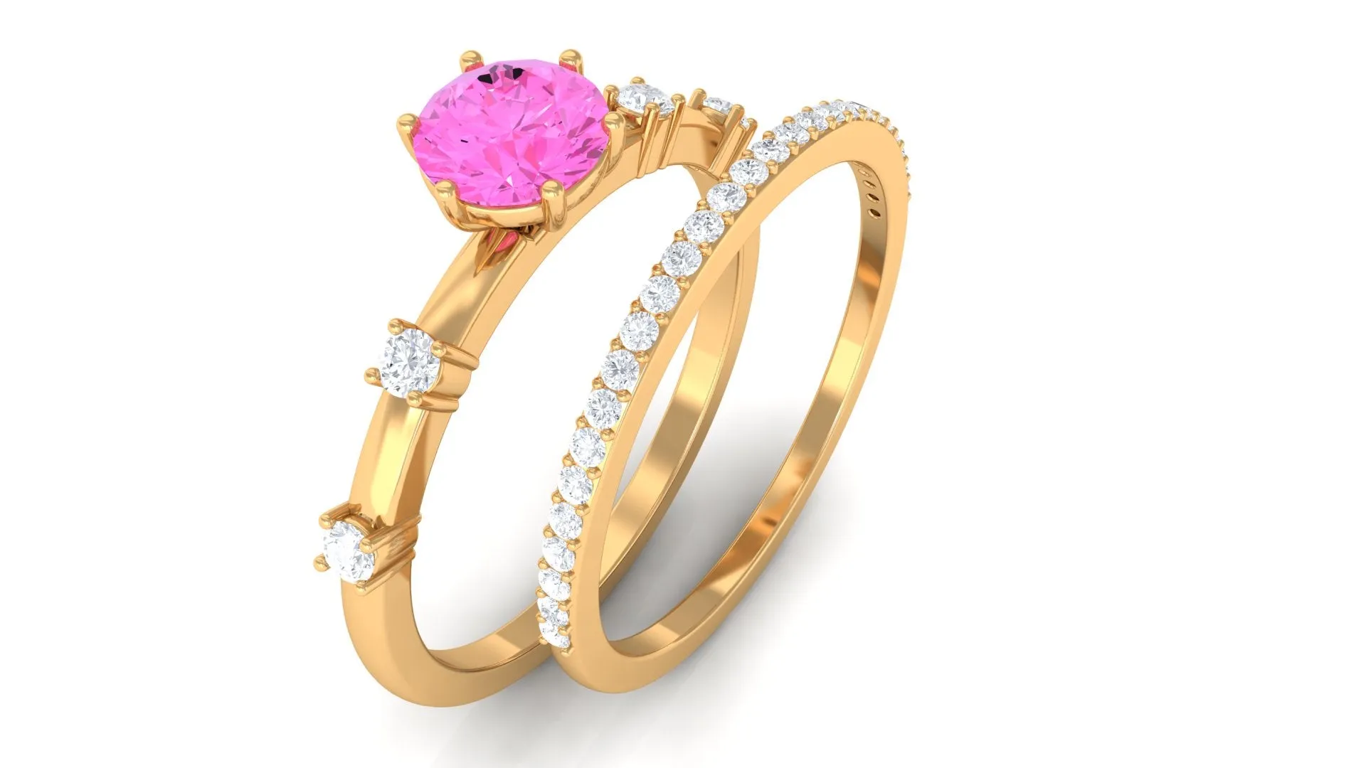 Round Pink Sapphire and Diamond Simple Ring Set