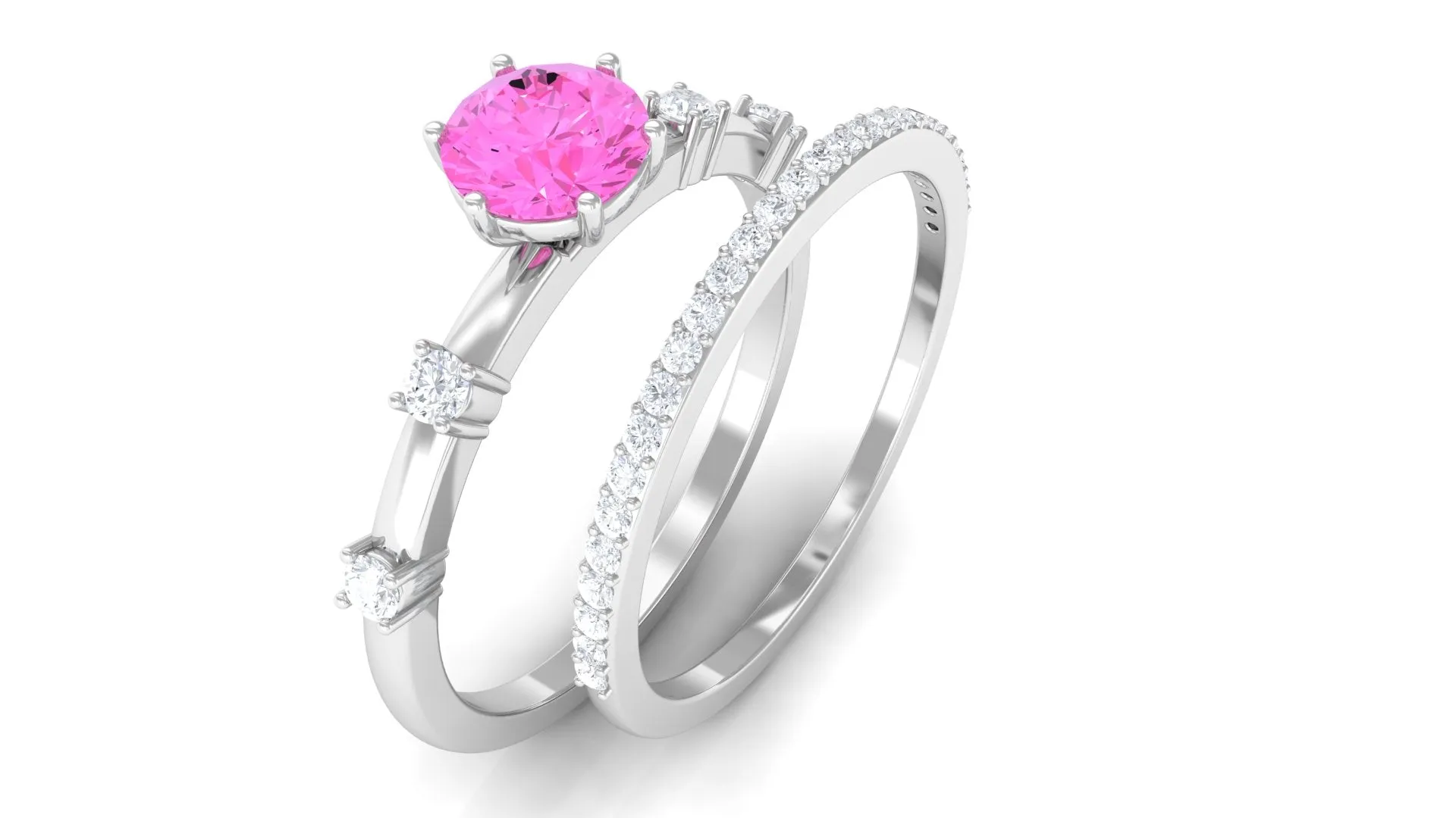 Round Pink Sapphire and Diamond Simple Ring Set