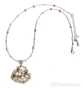 Satin Rose Topaz Pearl Crystal Bead Art Necklace