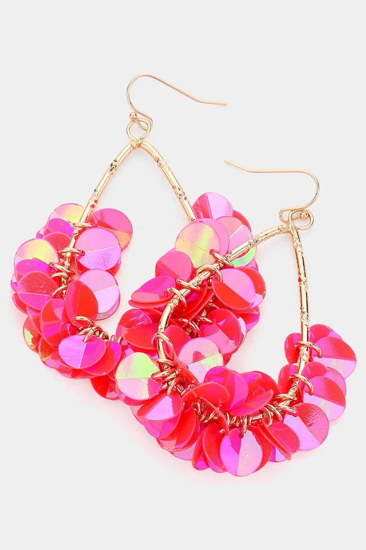 Sequin Fringe Teardrop Dangle Earrings - Bright Orange or Hot Pink