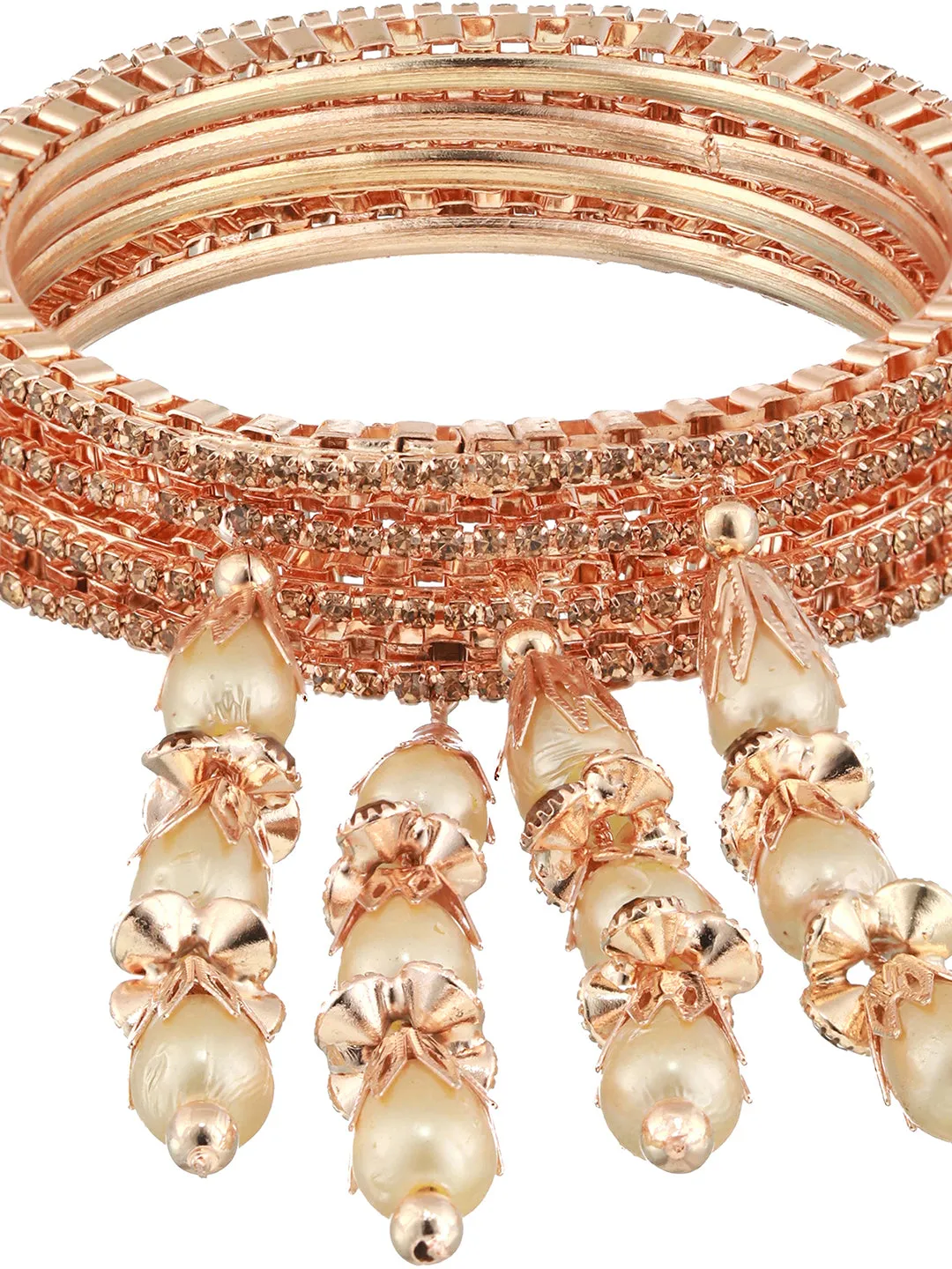 Set Of 4 Rose Gold-Plated Crystal Studded & Beaded Bangles