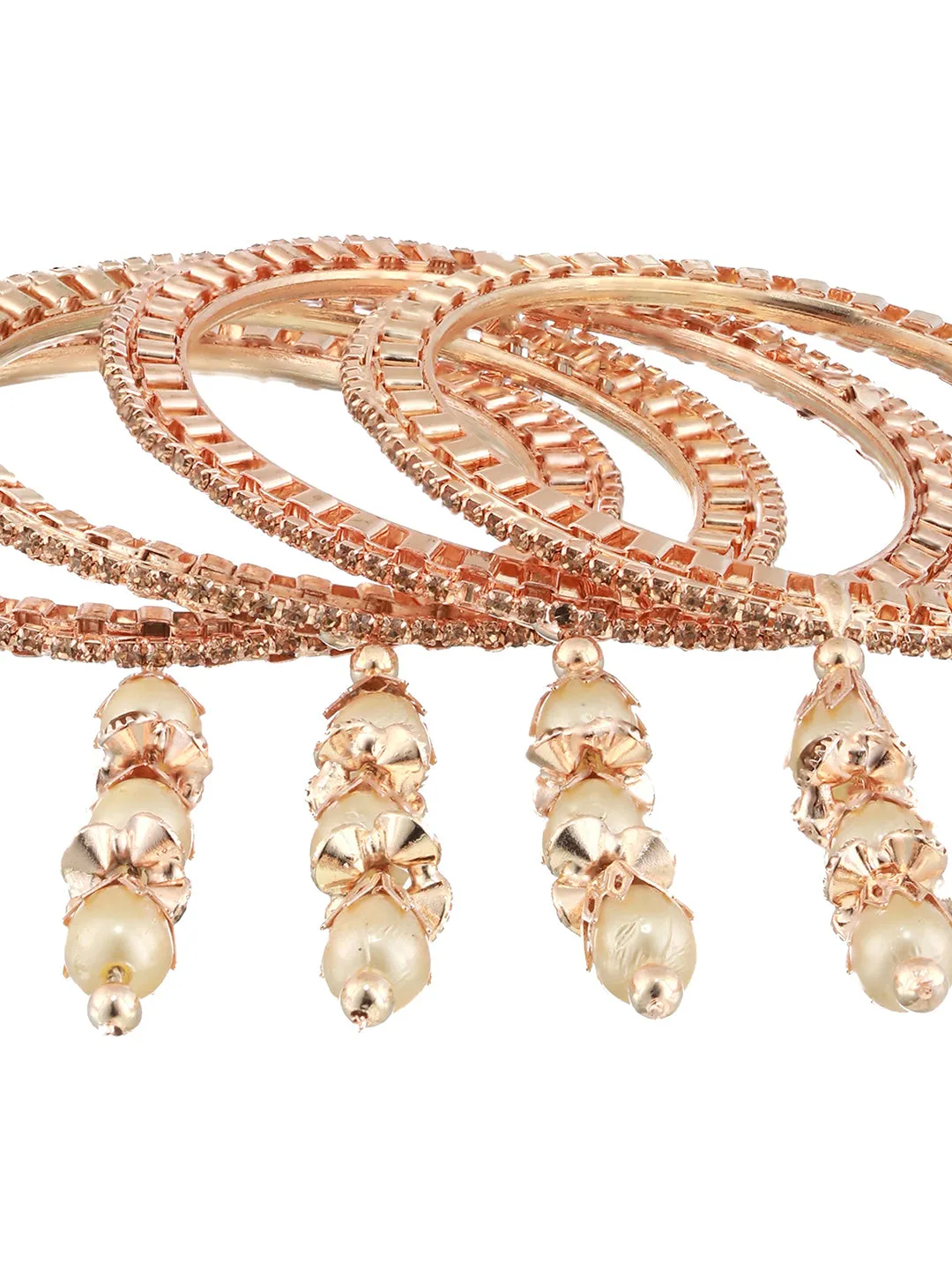 Set Of 4 Rose Gold-Plated Crystal Studded & Beaded Bangles