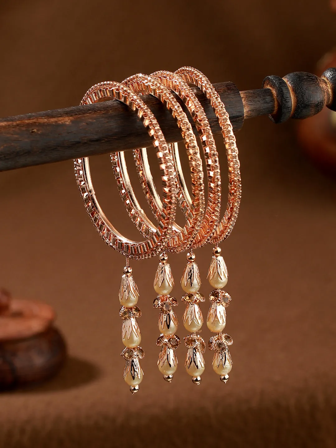 Set Of 4 Rose Gold-Plated Crystal Studded & Beaded Bangles