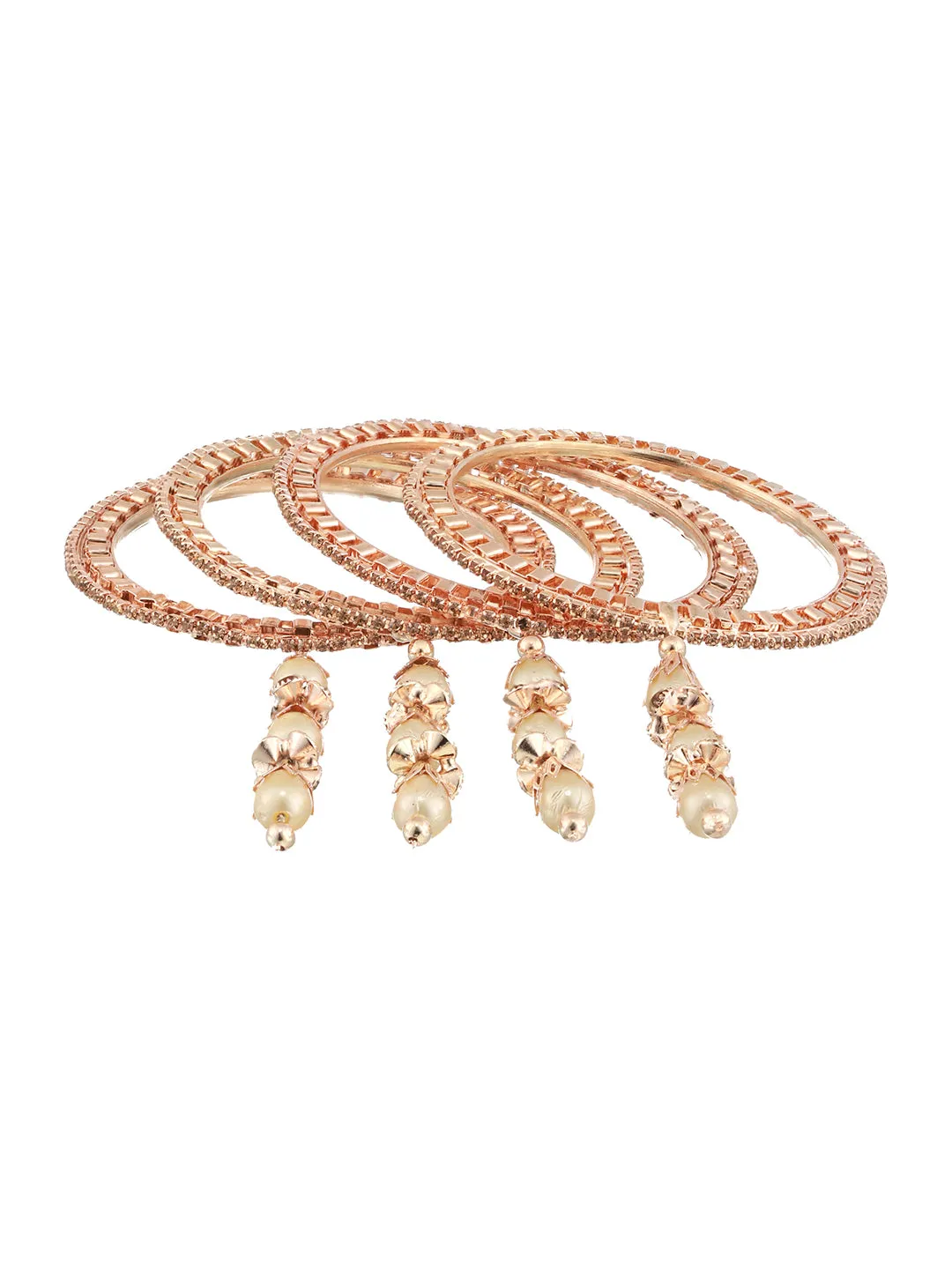 Set Of 4 Rose Gold-Plated Crystal Studded & Beaded Bangles
