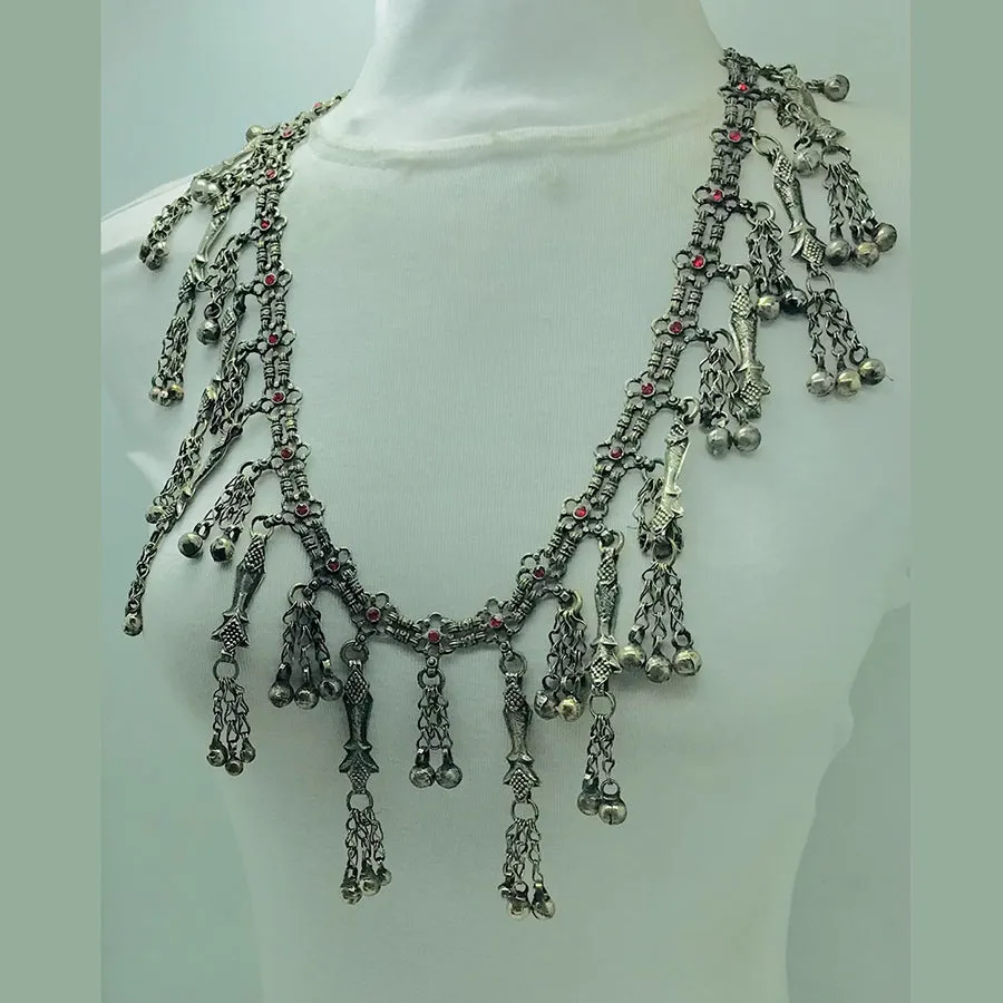 Silver Vintage Necklace with Red Glass Stones