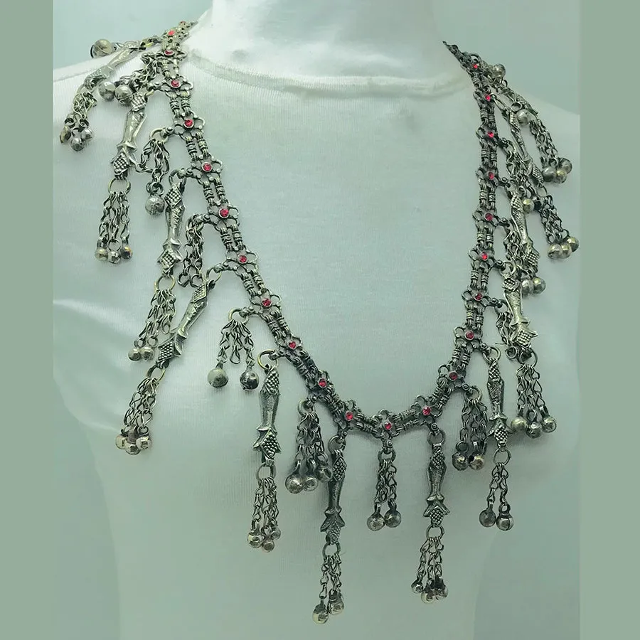 Silver Vintage Necklace with Red Glass Stones