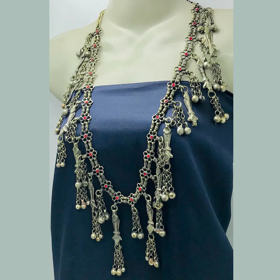 Silver Vintage Necklace with Red Glass Stones