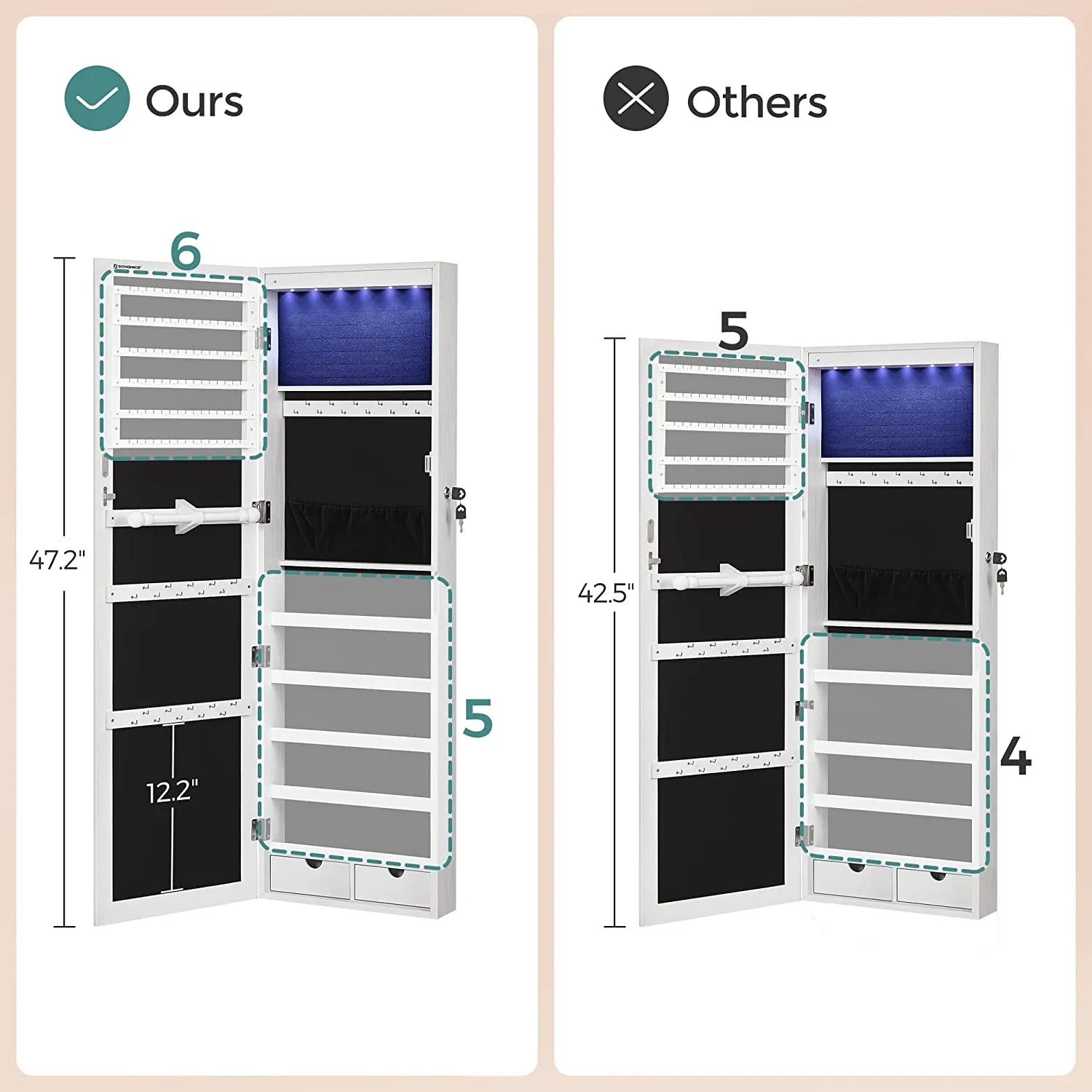 SONGMICS 6-LED Mirrored Jewelry Cabinet, 47.2"H with Lock Jewelry Cabinet Organizer