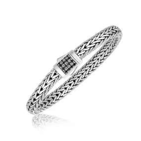 Sterling Silver Braided Men's Bracelet Black Sapphire Accents