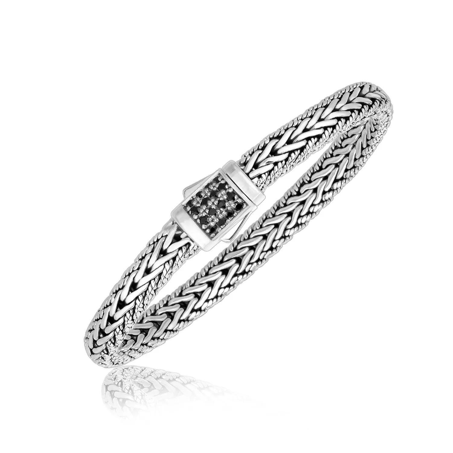 Sterling Silver Braided Men's Bracelet Black Sapphire Accents