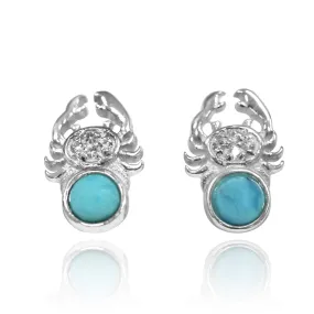 Sterling Silver Crab Stud Earrings with Round Larimar and White Topaz
