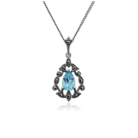 Sterlingsilber 1,42ct Topaz & 0,16 CT Markasit Viktorianischer Stil Anhänger auf 45cm Kette