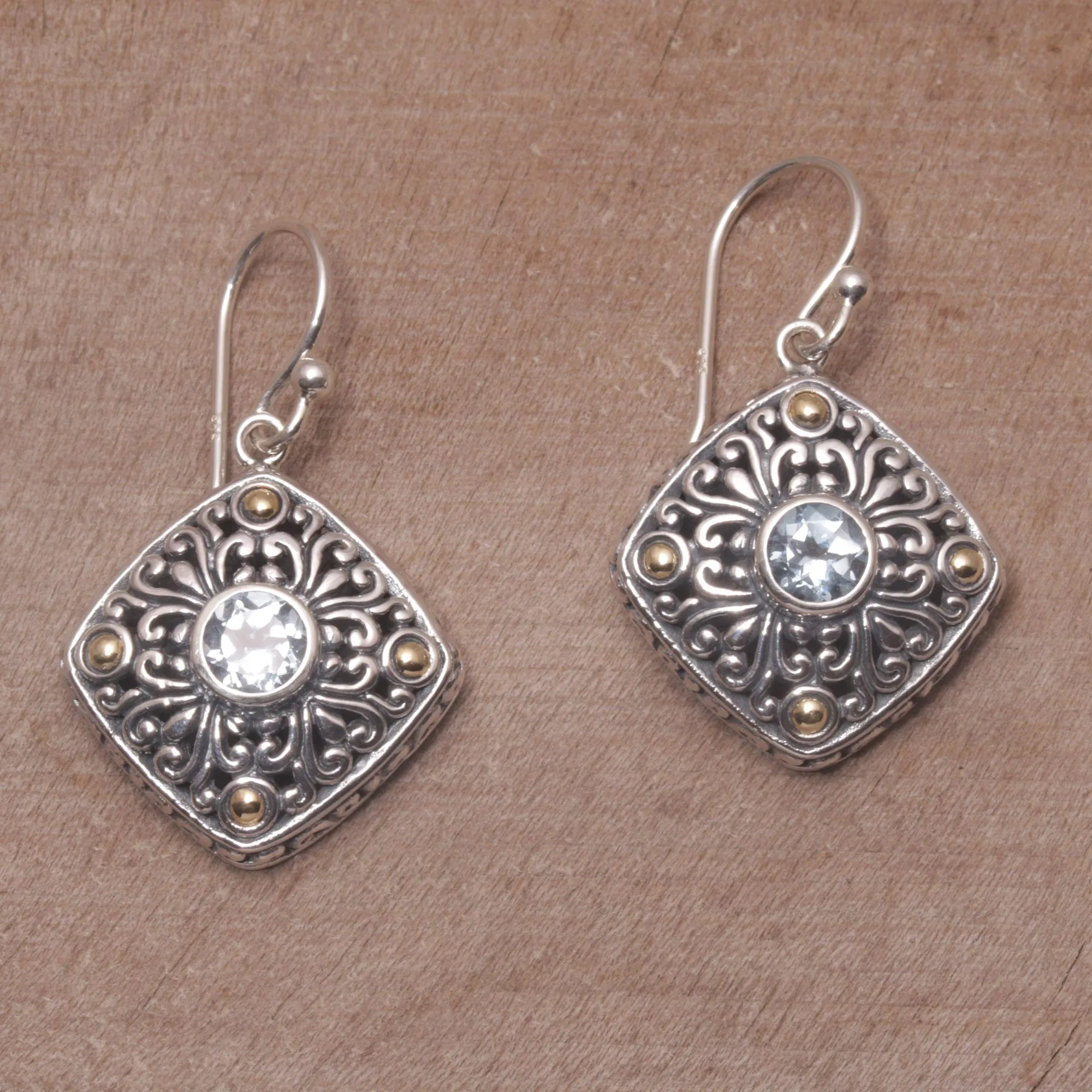 Swirling Facade Gold Accent Blue Topaz Swirl Motif Dangle Earrings from Bali