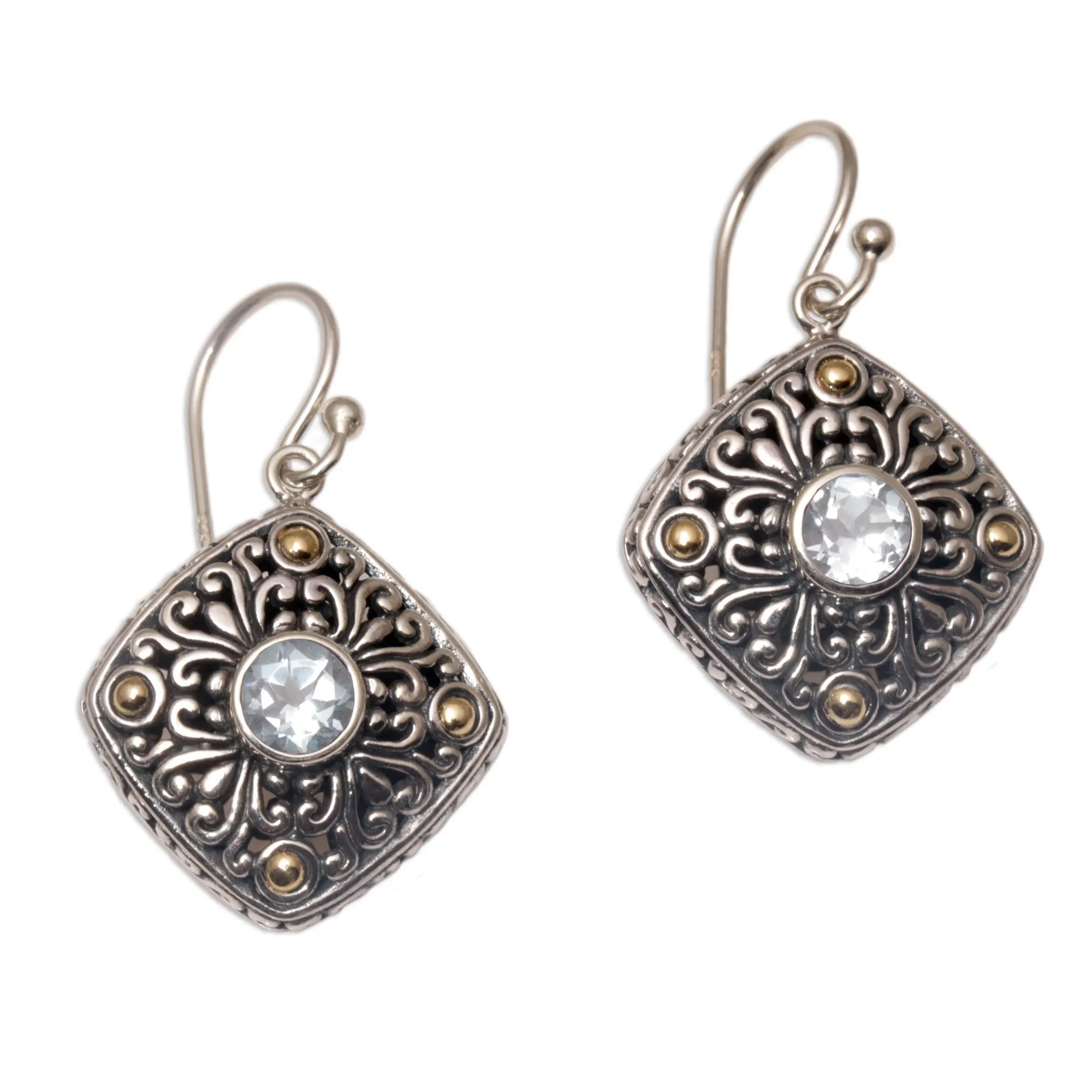 Swirling Facade Gold Accent Blue Topaz Swirl Motif Dangle Earrings from Bali
