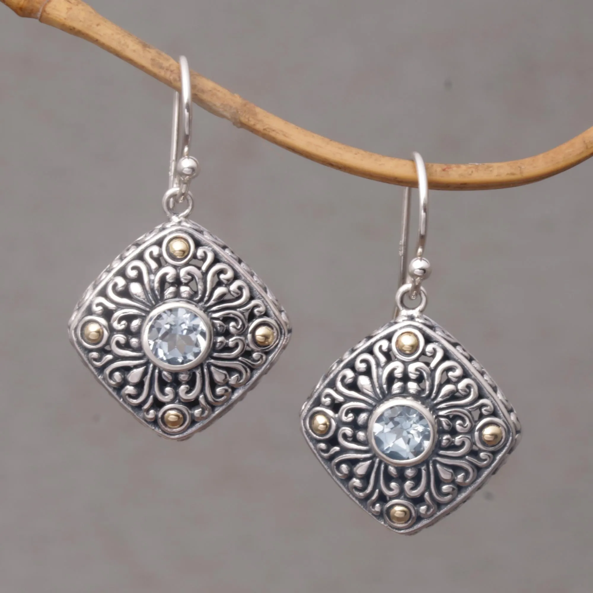 Swirling Facade Gold Accent Blue Topaz Swirl Motif Dangle Earrings from Bali