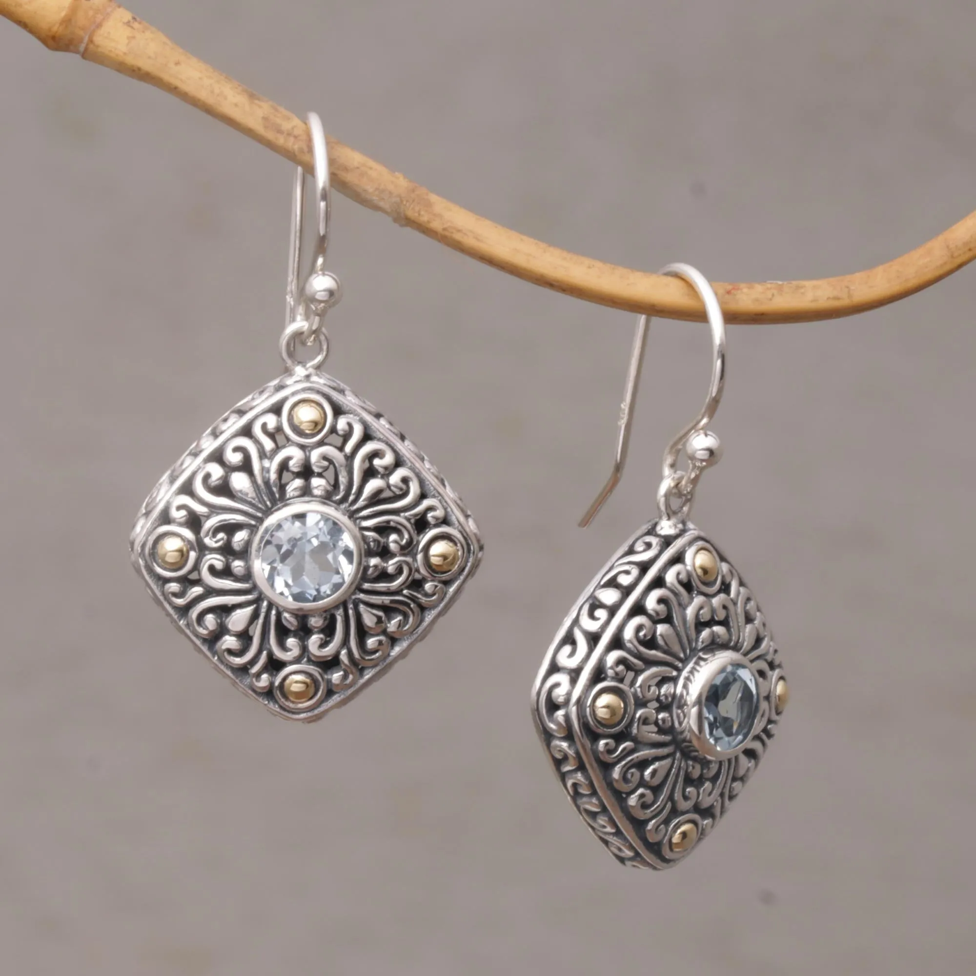 Swirling Facade Gold Accent Blue Topaz Swirl Motif Dangle Earrings from Bali