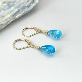 Swiss Blue Topaz earrings dangle, solid 14k Gold, silver, rose gold