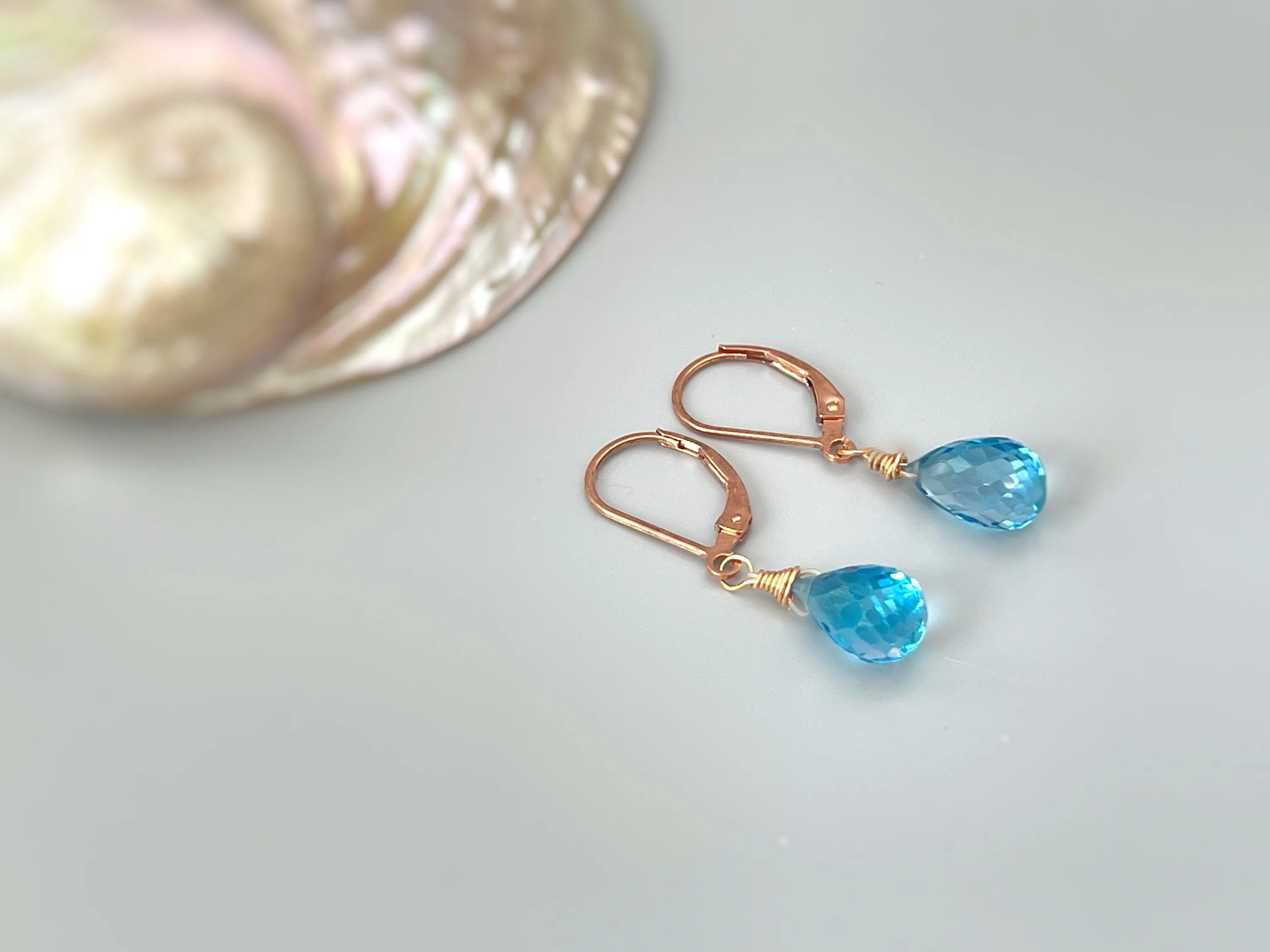 Swiss Blue Topaz earrings dangle, solid 14k Gold, silver, rose gold
