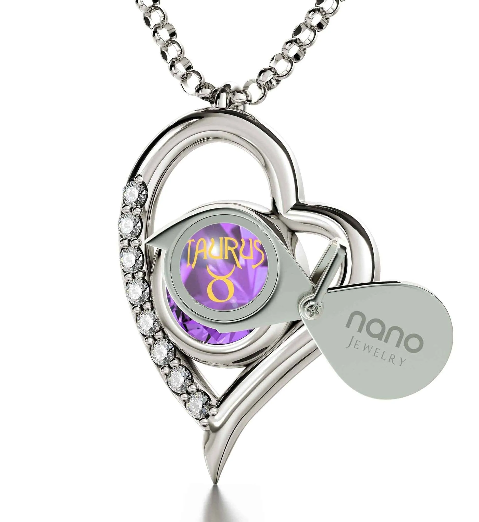 Taurus Sign, 14k White Gold Diamonds Necklace, Swarovski