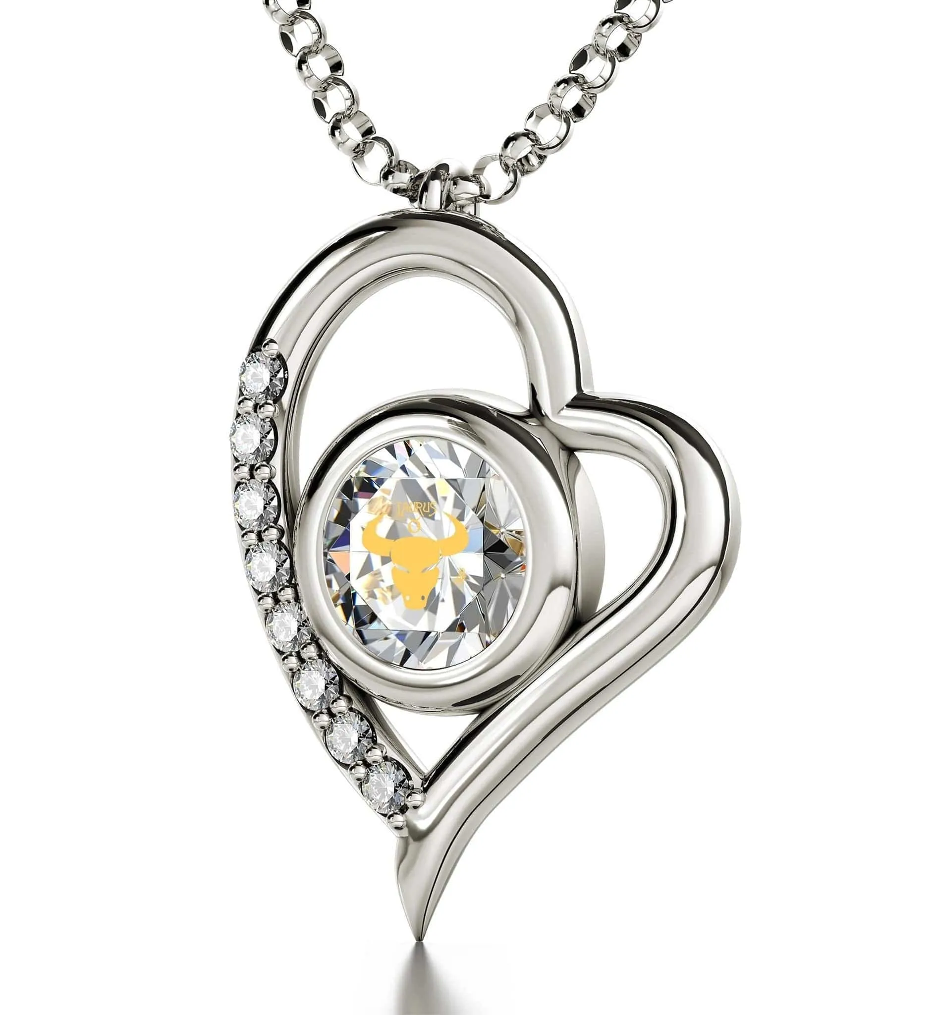 Taurus Sign, 14k White Gold Diamonds Necklace, Swarovski