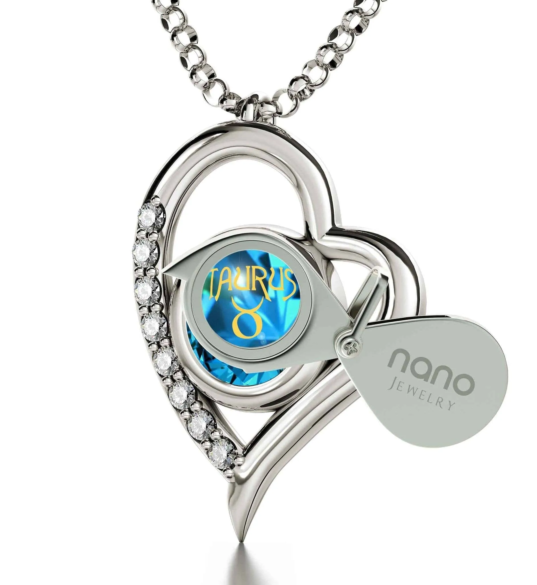 Taurus Sign, 14k White Gold Diamonds Necklace, Swarovski