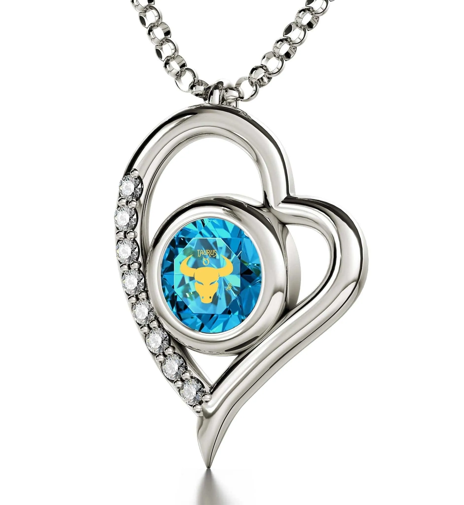 Taurus Sign, 14k White Gold Diamonds Necklace, Swarovski