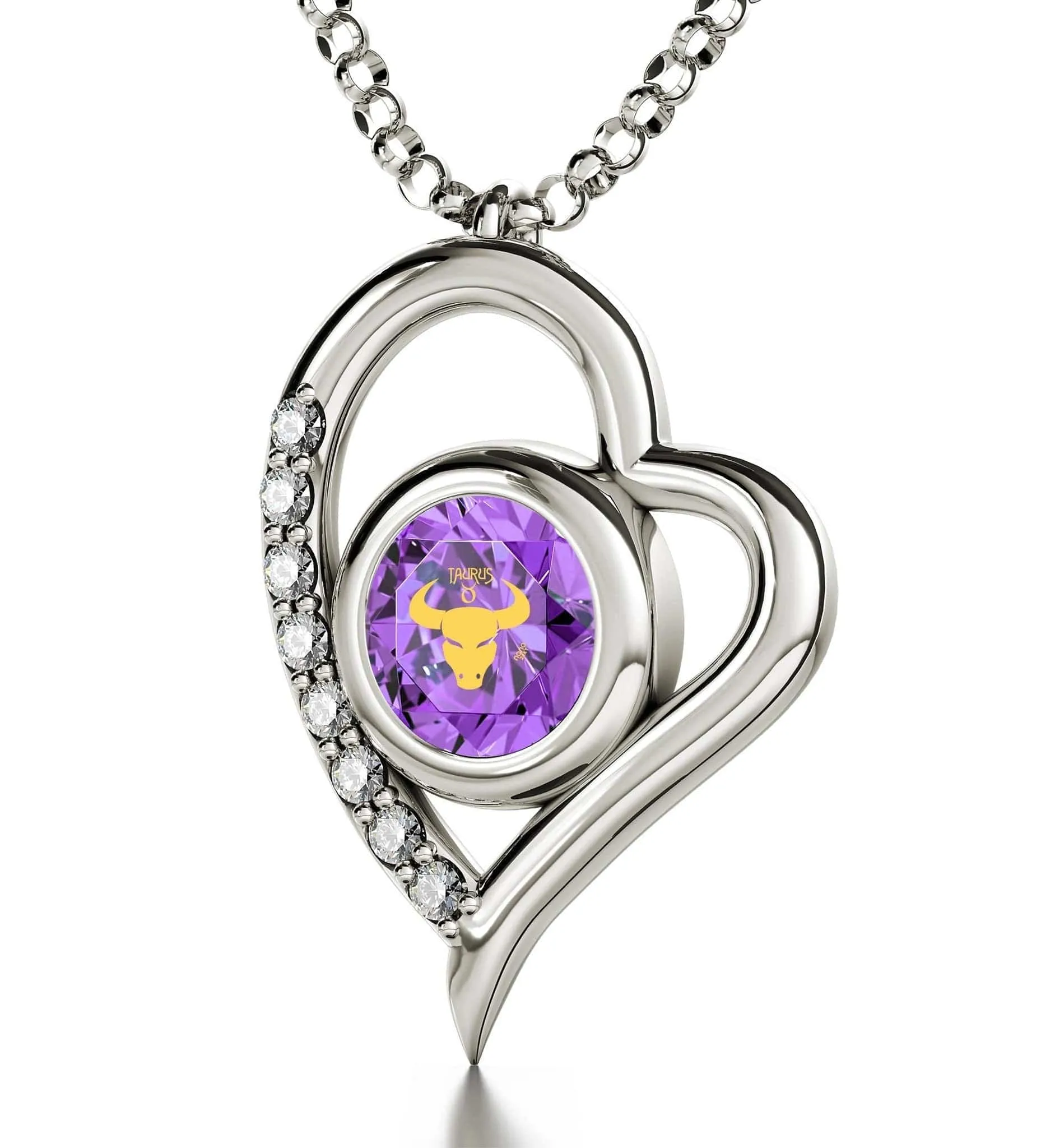 Taurus Sign, 14k White Gold Diamonds Necklace, Swarovski